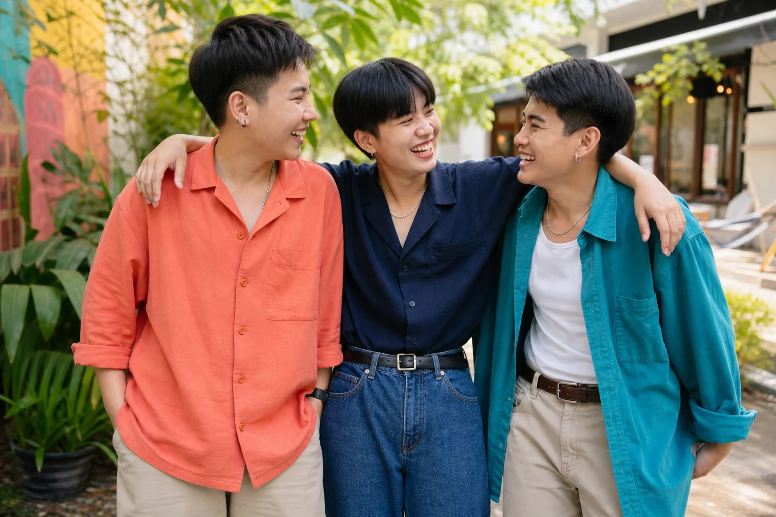 กลุ่มเพื่อนชาวเอเชียจากชุมชน LGBTQ+ โอบไหล่ให้กำลังใจกัน