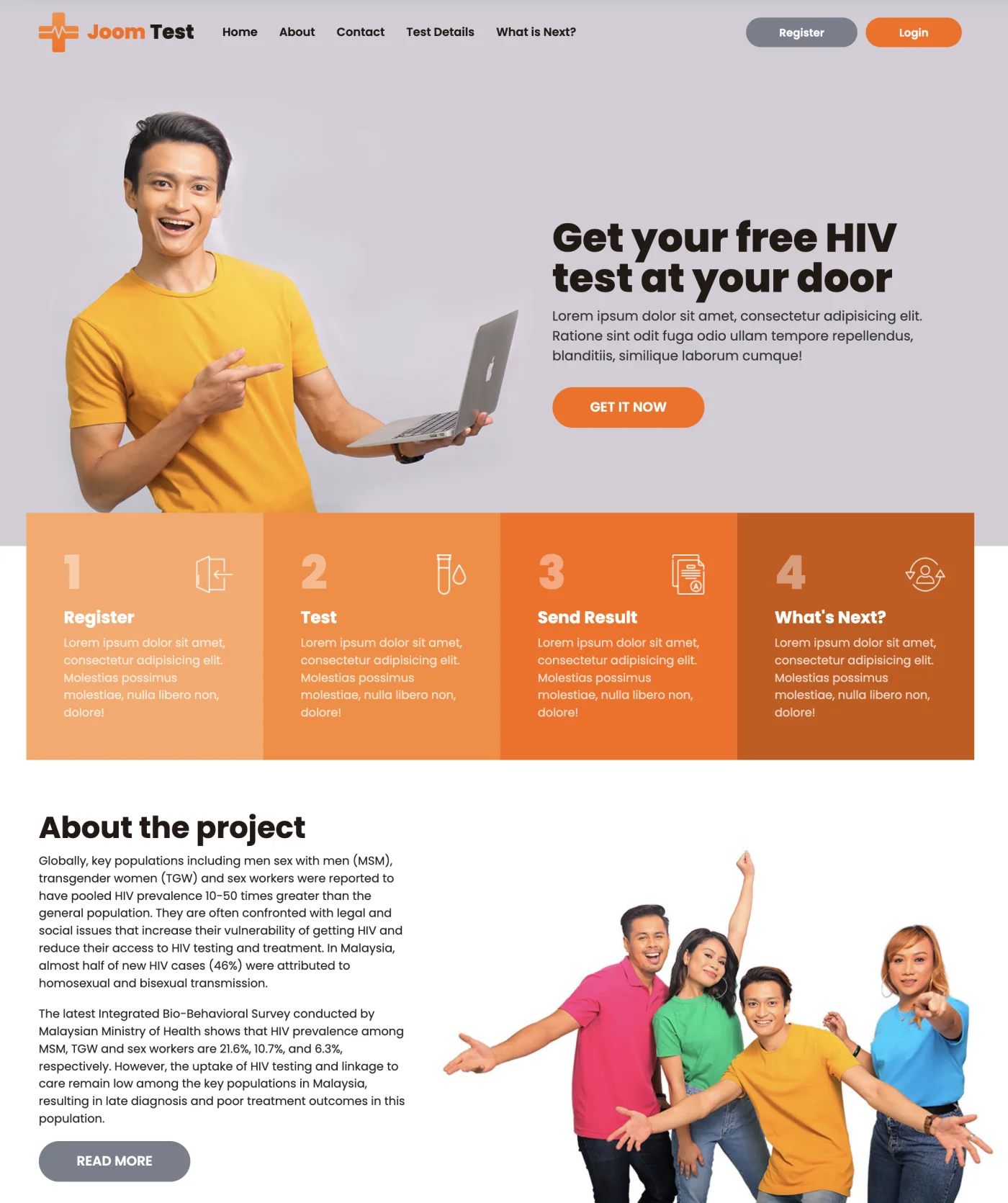ภาพดีไซน์เว็บไซต์ JomTest เดิม แสดงการตรวจ HIV ด้วยตนเอง