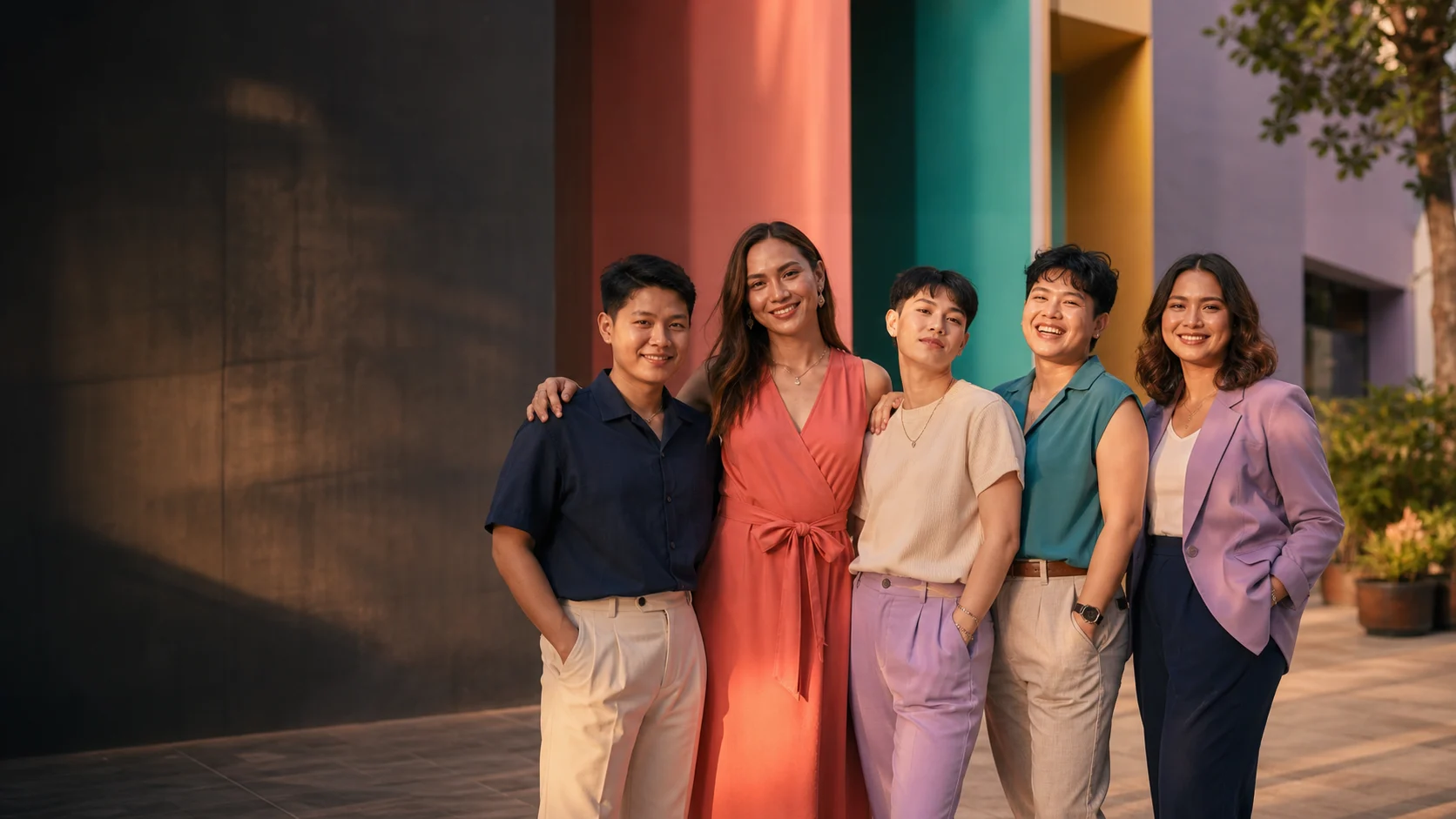 A diverse group of Thai LGBTQ+ adults standing together with confidence