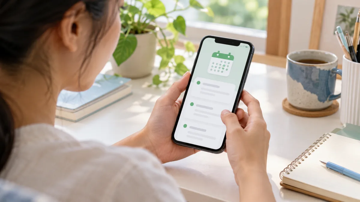 AI illustration of an adult reviewing fictional appointment cards on a personal phone, with no patient data