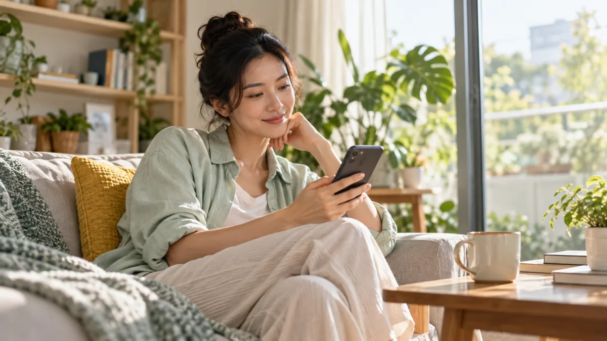 AI illustration of an adult using a phone for a quiet wellbeing check-in at home