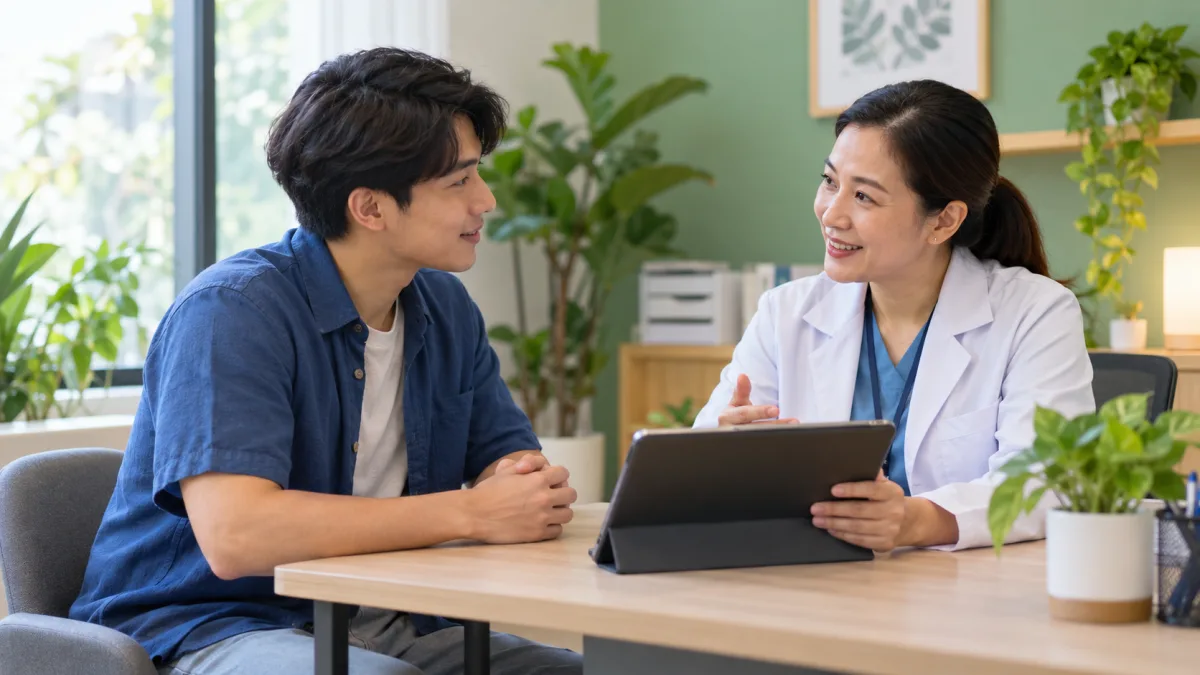 AI illustration of an adult discussing care and PrEP options with a healthcare professional