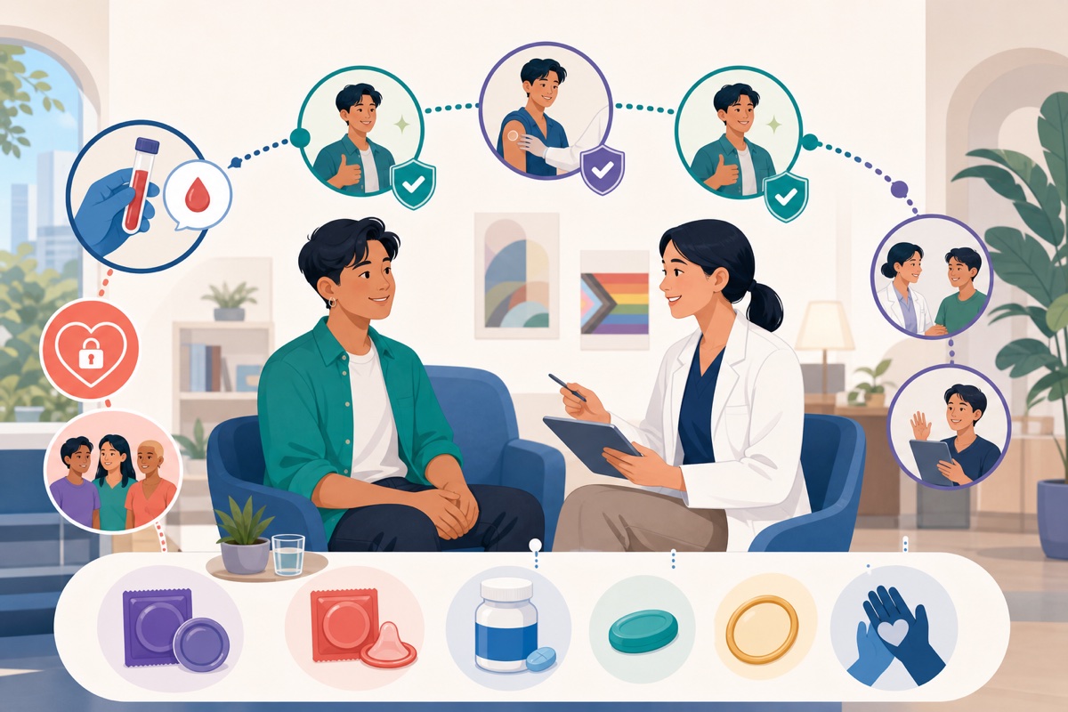 ภาพประกอบการวางแผน PrEP แบบออกฤทธิ์ยาวร่วมกับบุคลากรสุขภาพ ตั้งแต่ตรวจเอชไอวี รับยาตามนัด และติดตามต่อเนื่อง